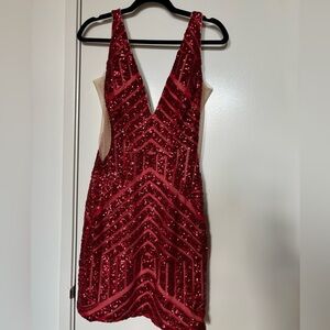 Jovani Red Sequin Bodycon Dress Plunge Neckline